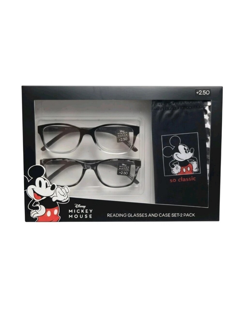Disney Mickey Mouse Readers +2.50 Reading Glasses Microfiber Pouch 2 Pair